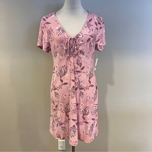 SO Pink and Mauve Floral Print Tie-Front short sleeve mini stretchy Dress size L